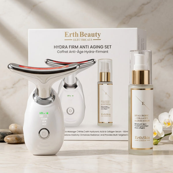 HYDRA FIRM ANTI AGING SET ( AGE -DEFYING FACE AND NECK MASSAGER -  WHITE WITH HA SERUM)