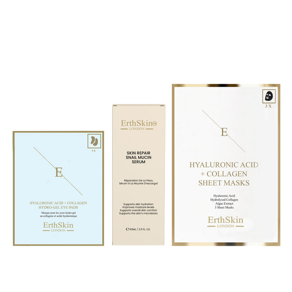 Skin Repair Snail Mucin Serum 60ml + Hyaluronic Acid + Collagen Hydrogel Eye Pads 5 X 2 +  Hyaluronic Acid & Collagen Mask (3 Sheets)