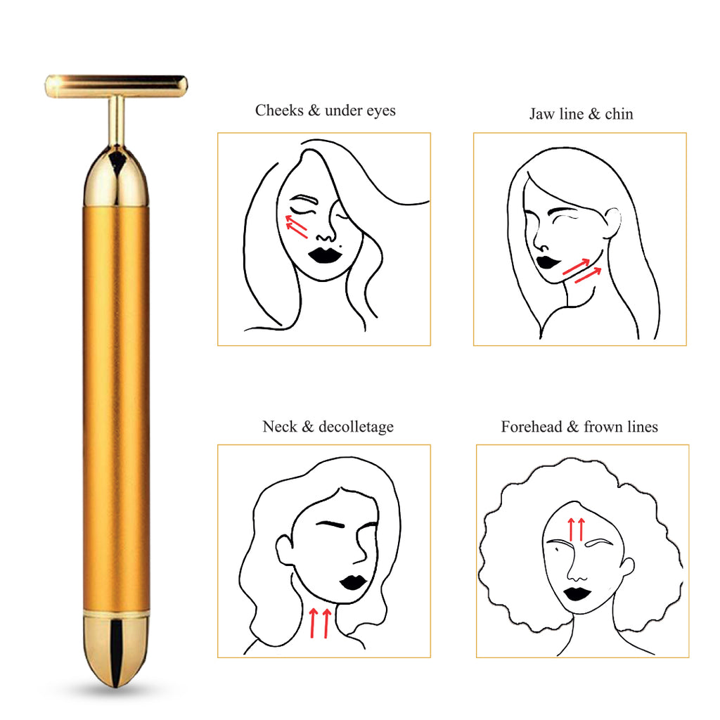 24K Gold Vibrating Micro-Pulse Facial Massager T-Bar Roller ErthSkin London 24K Gold Vibrating Micro-Pulse Facial Massager T-Bar Roller ErthSkin London